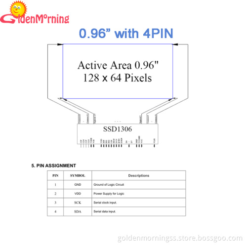 0.96" OLED display, 4P interface IIC i2c, 128*64 pixels, with yellow & blue colors
